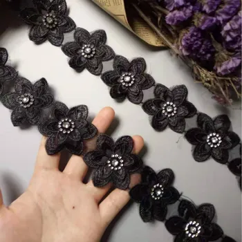 10x Black 5.7 cm 3D Bombaž Pearl Cvet Vezene Čipke Trim Trak Tkanine Ročno DIY Poročno Obleko Šivalne Potrebščine Obrti 2019