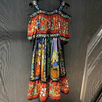 2021 Poletje Bombaž Obleka Ženske Coco Siciliji Letnik Tiskanih Špageti Trak Visoke Kakovosti Počitnice Obleke