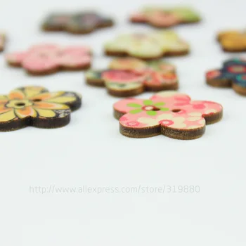 25 mm Slikarstvo Cvet Lesa Gumbi šivanje Scrapbooking Naključno barvo Dve Luknje Vzorec Gumbi,DIY Pribor za Oblačila