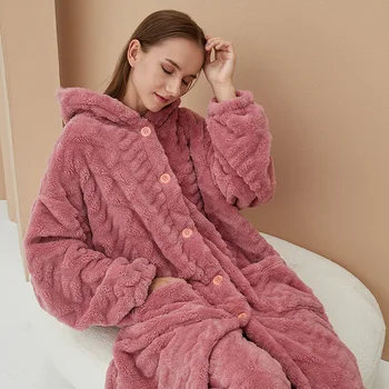 Fdfklak Hooded Plus Žamet Debelejši Coral Runo Pižamo Zimske Ženske Toplega Doma Oblačila Sleepwear 2021 Nov Dom bo Ustrezala