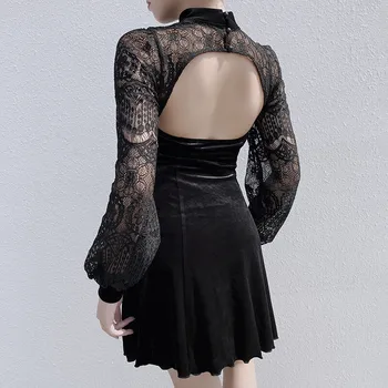 InsDoit Gothic Izrežemo Seksi Črne Obleke Čipke Mozaik Long Sleeve Vintage Črto Obleka Ženske Elegantne Stranka Visoko Pasu Obleko