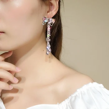 Korejski Luksuzni Elegantno Roza Cystal Bowknot Spusti Uhani Za Ženske, Dekleta Modni Nosorogovo Dolgo Pendientes Nakit