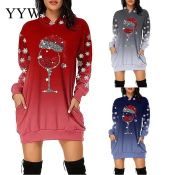 Moda Za Jesen Zimo Dolg Rokav Svoboden Božične Obleke, Ženske Božič Tiskanje-Line Mini Obleka 2021 Snežinka Hooded Vrhovi