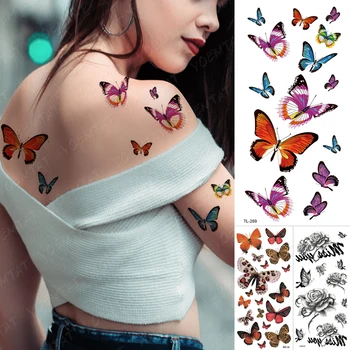 Modri Metulj 3D Nepremočljiva Začasni Tattoo Nalepke Rose Peony Cvet Flash Tatto Ženska, Dekle Pero Body Art Ponaredek Tattoo Človek