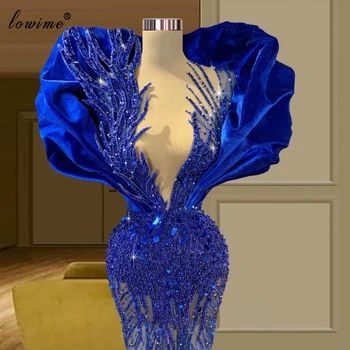 Novo Zasnovan Kraljevsko Modra Večerne Obleke Dolgo Sparkly Tiste Večerne Biseri Slaven Obleke Za Ženske Modni Teden Obleko