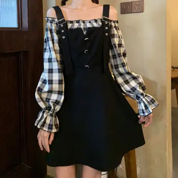 QWEEK korejskem Slogu Trak Obleka Ženske korejski Moda Kariran Dolgimi Rokavi, Kratke Obleke, Mini Preppy Stil Študent Oblačila Kpop 2021