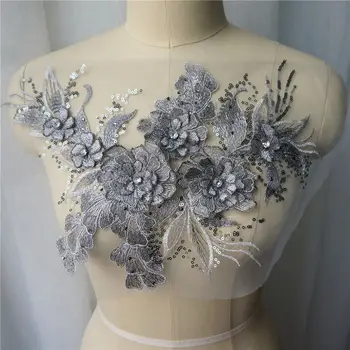 Siva 3D Cvetnih Listov Čipke Tkanine Bleščica Nosorogovo Vezene Obleke Appliques Ovratnikom, Očesa Sew Obliž Za Poročno Dekoracijo Obleko