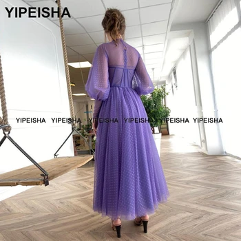 Yipeisha Visoko Vratu Vijolična Prom Obleke Čaj Dolžina Puff Rokavi-line Stranka Obleko Pika Til Ples Obleke Haljo de Cocktail