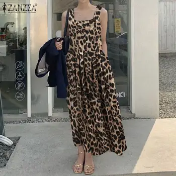 ZANZEA Eleganten Poletje Leopard Tiskanja Sundress Ženske Vintage Obleko brez Rokavov Femme Naguban Trakov tam kaftan Stranka Vrečasta Ulica Robe