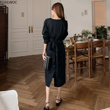 Ženska Jeseni, Pozimi Osnovne Obrabe Letnik Urad Dama Temperament Korejski Long Sleeve Solid Črno Elegantno Obleko