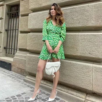 Ženska Letnik Green-Line Majica Kratek Obleko 2021 Pomlad Elegantna Ženska VISOKA Vitka Mini Obleke Laides Plaži Tiskanja Obleko