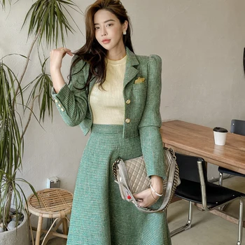 Ženske korejski Kariran Tweed Dva kosa iz Temperament Obreži Zgoraj Kratka Jakna + Visoko Pasu A-Line Krilo Obleke