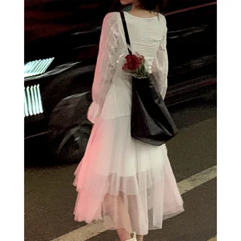 Bele France Elegantno enodelno Obleko Ženske Sladko Letnik Večer Stranka Midi Obleke, Ženske Retro korejski Stil Oblačenja Jeseni 2021