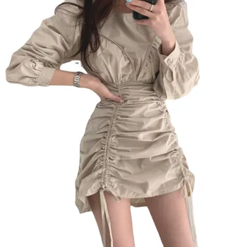 Jeseni O Vratu Dolgo Puff Rokavi Seksi Mini Obleka Nabiranje Nezakonitih Vrvico Korejski Stil Oblačenja Barva Slim Vestidos Nova