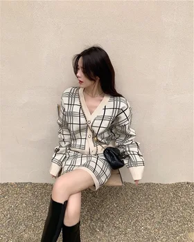 Korejski Style Letnik Kariran Dveh Kosov Pletenje Krilo Set Za Ženske Pomlad Jesen Chic V Vratu Dolg Rokav Jopice + Krila Obleko