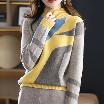 Pure Volno Jopica 2021 nove ženske debele pol-visok ovratnik barvno ujemanje plesti svoboden leni ženski pulover Kašmir pulover