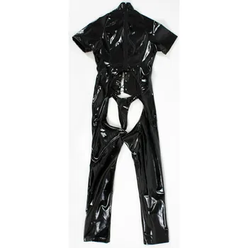 Seksi Žensk Black Moker Videz Catsuit Bodycon Odprite Mednožje PVC Latex Jumpsuit Umetno Usnje Obleka, nočni klub DS Ples Kostum