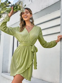 Simplee Elegantno zelena v-neck ženske obleke pomlad poletje Urad sashes puff dolg rokav kratko obleko Modne mujer vestido 2022 nova