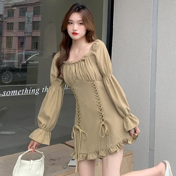 Ženske Korejski Obleki Modne Enem Kosu Jesen Pomlad 2021 Novo Urad Dama Dolg Rokav Pasu Poševnica Vratu Kvadratnih Ovratnik Obleke Traf